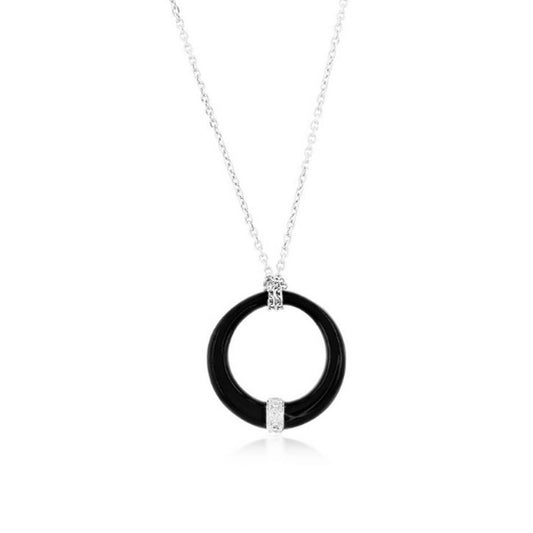 Black Enamel Circle Pendant With White Crystals