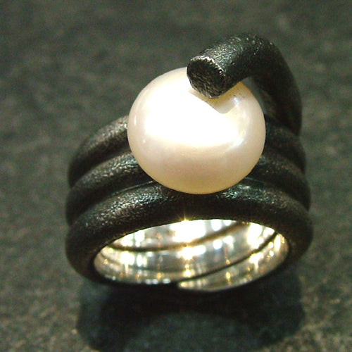 Blackened Silver And Pearl Ring
