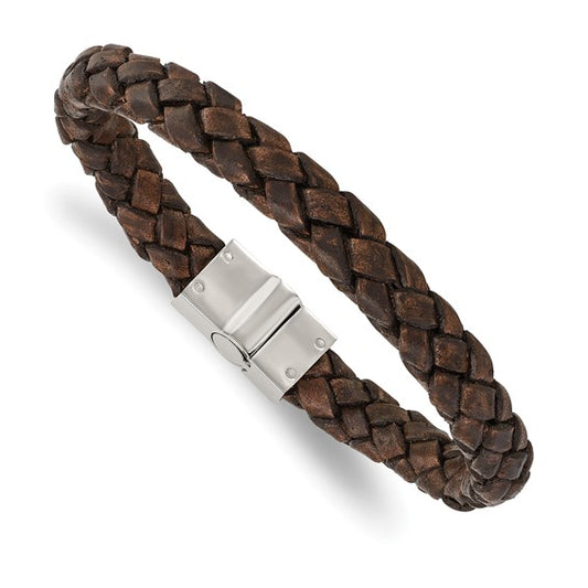 Brown Leather and Stainless Steel Bracelet