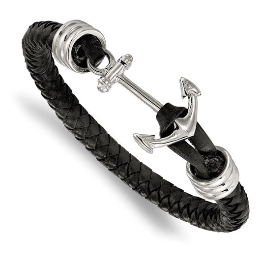 Black Leather and Stainless Steel Anchor Bracelet