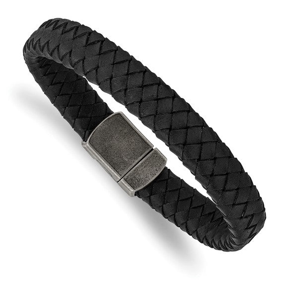 Black Leather and Stainless Steel Braided Bracelet