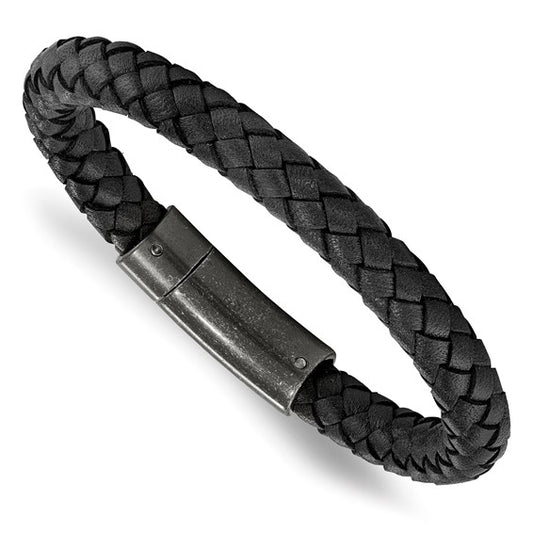 Black Leather and Stainless Steel Round Braided Bracelet