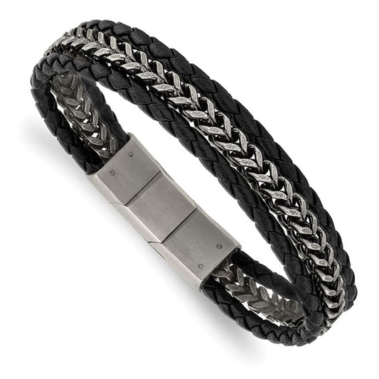 Black Leather and Stainless Steel Multi-Strand Bracelet