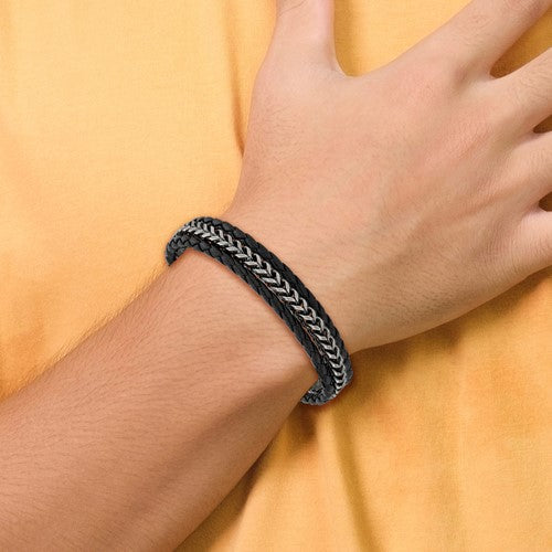 Black Leather and Stainless Steel Multi-Strand Bracelet